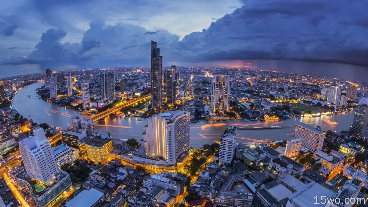 人造 曼谷 城市 泰国 光 河流 夜晚 高清壁纸
