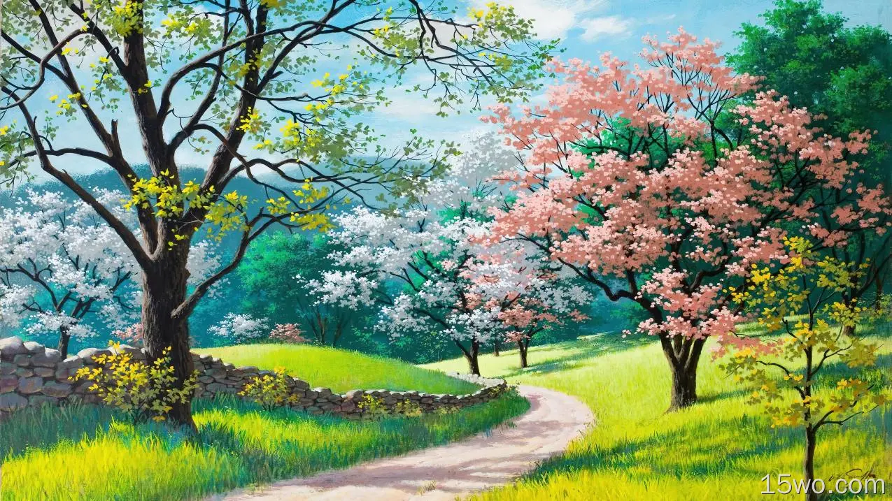 digital art,fantasy art,nature,blossoms,trees,dirt road,field,branch,spring,path,grass