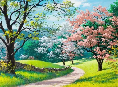 digital art,fantasy art,nature,blossoms,trees,dirt road,field,branch,spring,path,grass 3840x2160