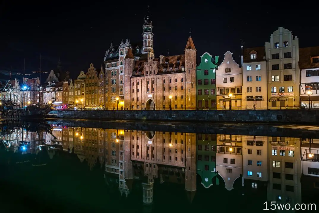 人造 Gdansk 城镇 波兰 河流 光 夜晚 倒影 高清壁纸