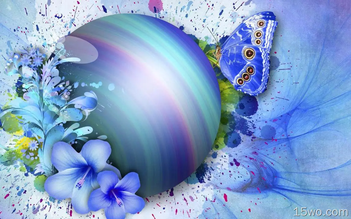 艺术 蝴蝶 花 球体 蓝色 高清壁纸