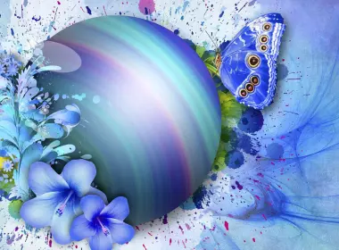 艺术 蝴蝶 花 球体 蓝色 高清壁纸 1920x1200