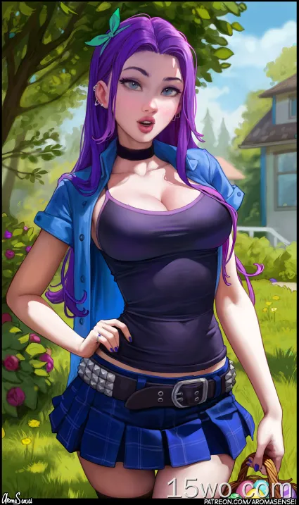 Abigail (Stardew Valley),Stardew Valley,video games,video game girls,video game characters,artwork,drawing,fan art,Aroma Sensei,open shirt,portrait display,cleavage,hands on hips,long hair,looking at viewer,choker,grass,flowers