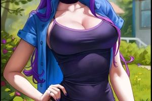 Abigail (Stardew Valley),Stardew Valley,video games,video game girls,video game characters,artwork,drawing,fan art,Aroma Sensei,open shirt,portrait display,cleavage,hands on hips,long hair,looking at viewer,choker,grass,flowers  2962x5000