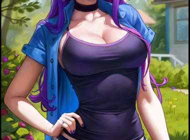 Abigail (Stardew Valley),Stardew Valley,video games,video game girls,video game characters,artwork,drawing,fan art,Aroma Sensei,open shirt,portrait display,cleavage,hands on hips,long hair,looking at viewer,choker,grass,flowers 2962x5000