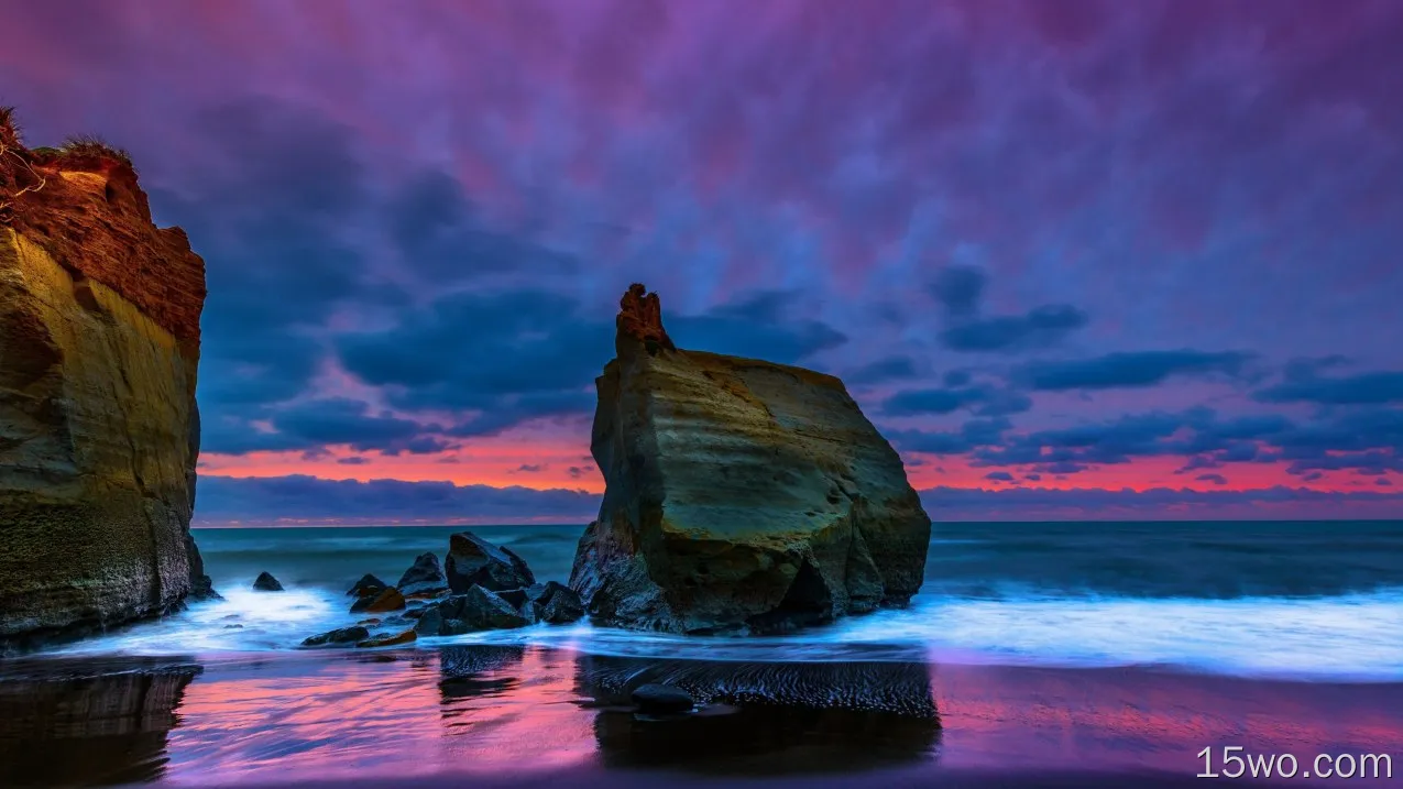 自然 日落 地球 紫色 天空 云 海滩 海洋 岩石 高清壁纸