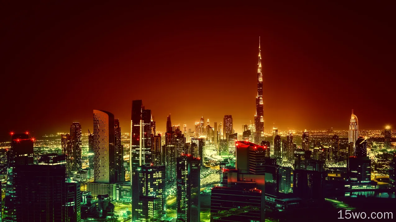 人造 迪拜 城市 阿拉伯联合酋长国 Cityscape 夜晚 Burj Khalifa 高清壁纸
