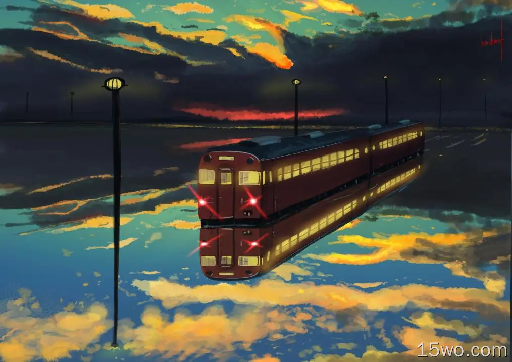 动画火车、艺术品、倒影、云、水