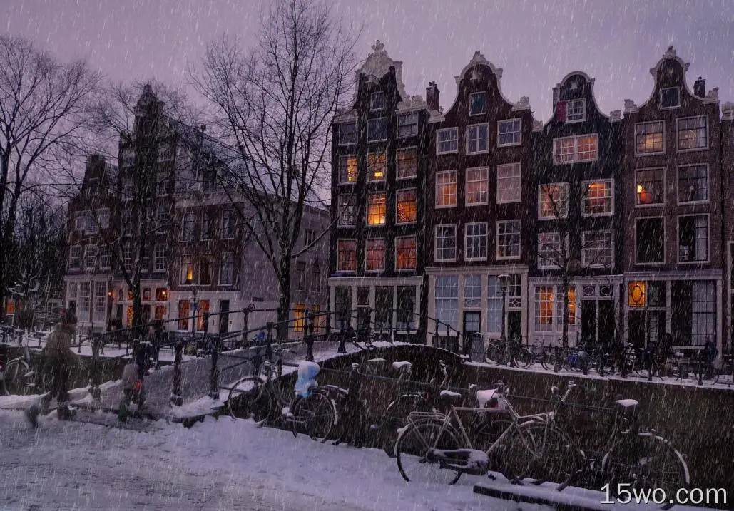 人造 阿姆斯特丹 城市 荷兰 自行车 冬季 Snowfall Evening Snow 房屋 高清壁纸