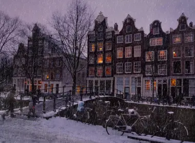 人造 阿姆斯特丹 城市 荷兰 自行车 冬季 Snowfall Evening Snow 房屋 高清壁纸 3544x2469