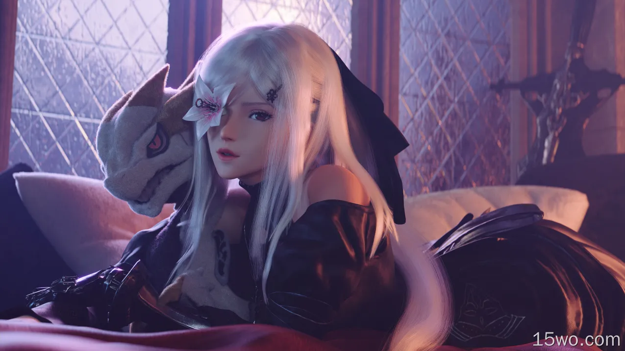 Zero (Drakengard),Drakengard,Drakengard 3,video games,video game girls,video game characters,digital art,CGI,fan art,Seven Graphics,looking at viewer,long hair,flowers,lying on front