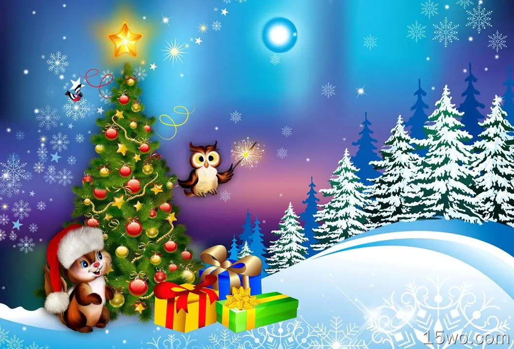 节日 圣诞节 Christmas Tree 礼物 猫头鹰 松鼠 高清壁纸