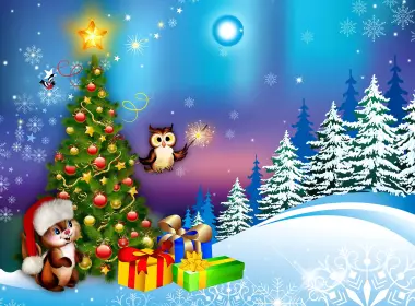 节日 圣诞节 Christmas Tree 礼物 猫头鹰 松鼠 高清壁纸 2560x1736
