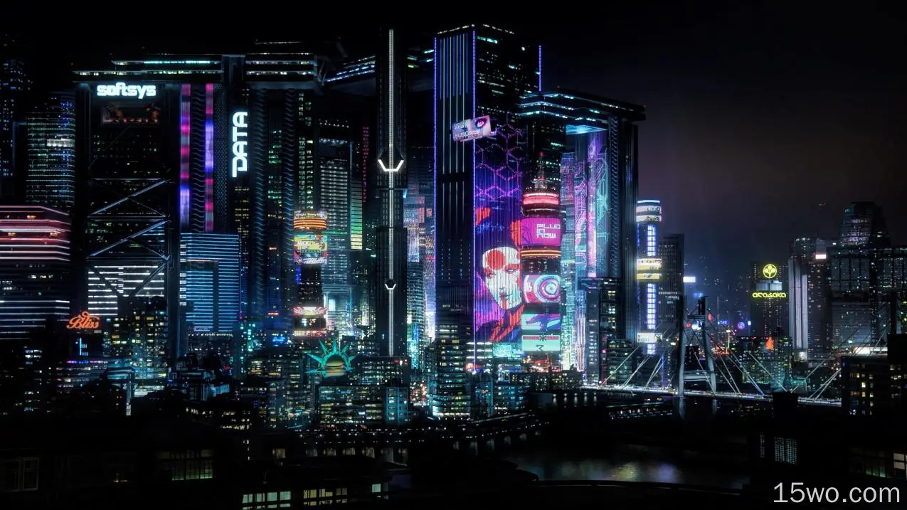 赛博朋克城市，游戏系列，城市景观，夜晚，灯光，Arasaka，赛博朋克2077，城市，城市灯光，桥梁，CGI，视频游戏