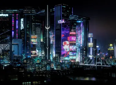 赛博朋克城市，游戏系列，城市景观，夜晚，灯光，Arasaka，赛博朋克2077，城市，城市灯光，桥梁，CGI，视频游戏 3840x2160