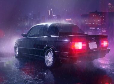 霓虹夜城，复古汽车，灯光，下雨 2560x1440