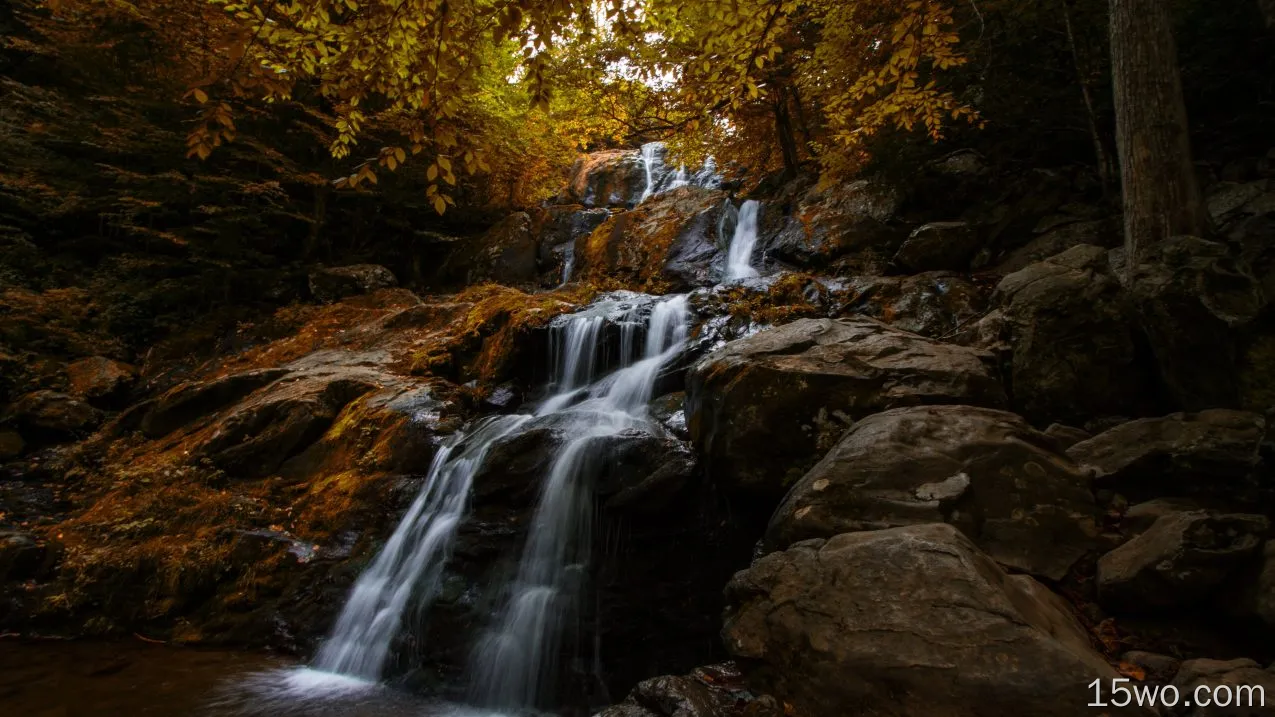 自然 瀑布 秋季 地球 岩石 森林 高清壁纸