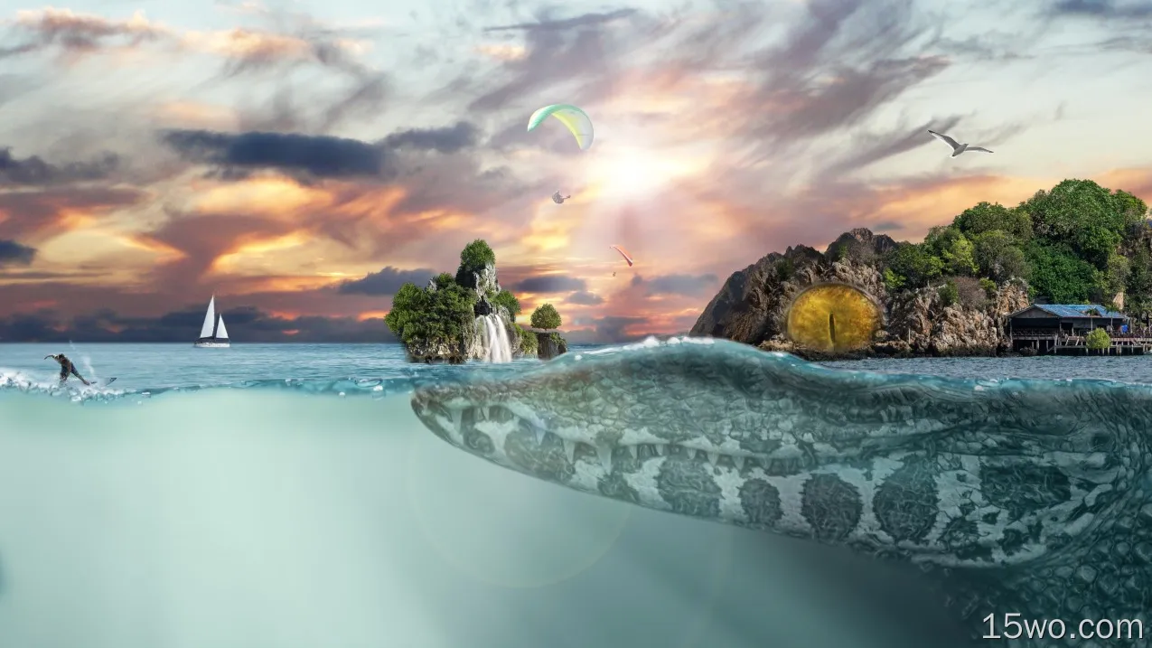 奇幻 动物 奇幻动物 鳄鱼 海洋 Surfer 瀑布 岛屿 高清壁纸