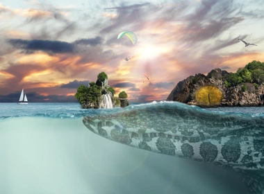 奇幻 动物 奇幻动物 鳄鱼 海洋 Surfer 瀑布 岛屿 高清壁纸 3840x2160