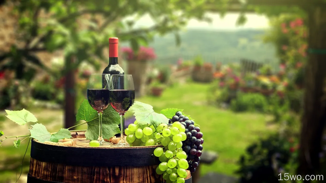 葡萄，酒，瓶，玻璃杯，桶，模糊的背景