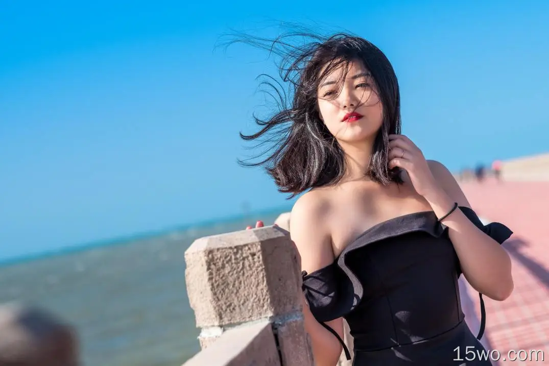 女性 亚洲 女孩 Woman 模特 Black Dress Depth Of Field Lipstick Black Hair 高清壁纸