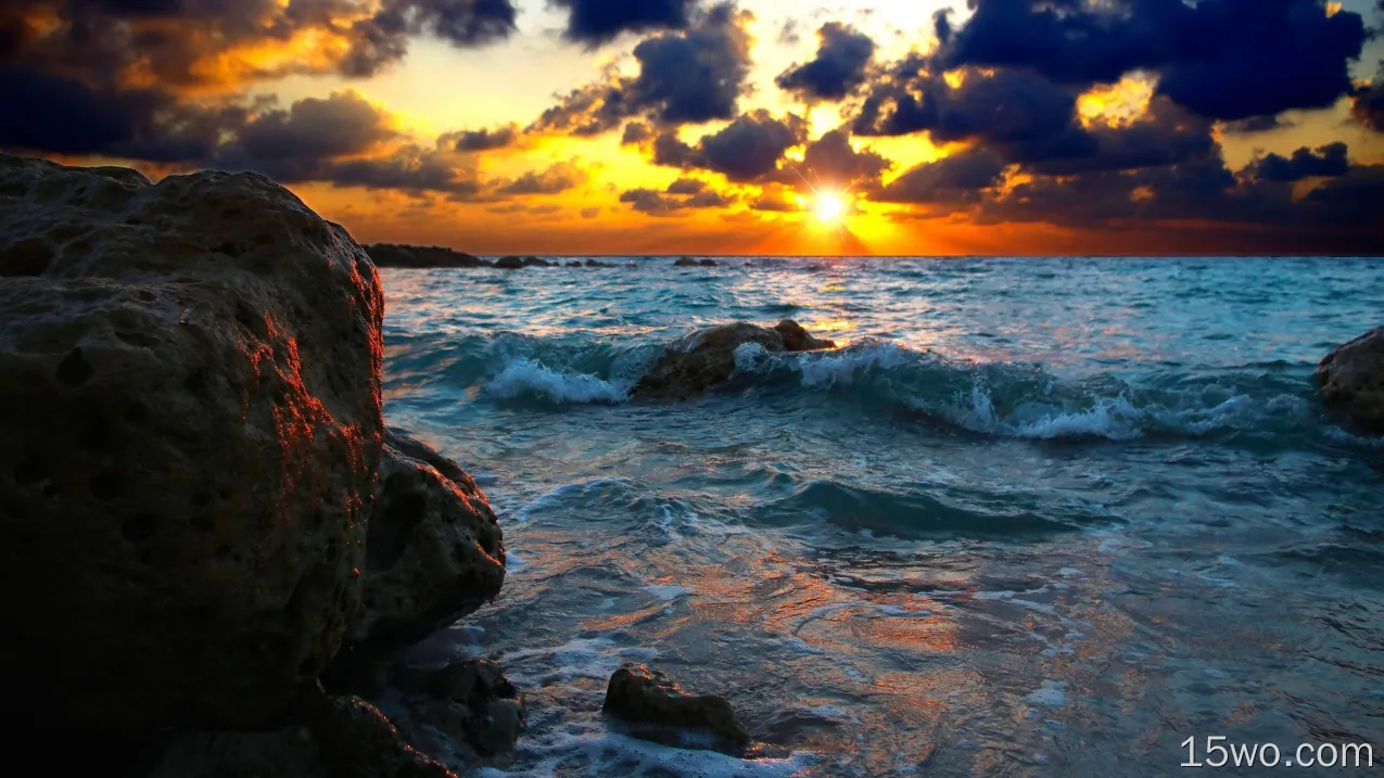 自然 海洋 地球 Sea 海浪 岩石 日落 Horizon 高清壁纸