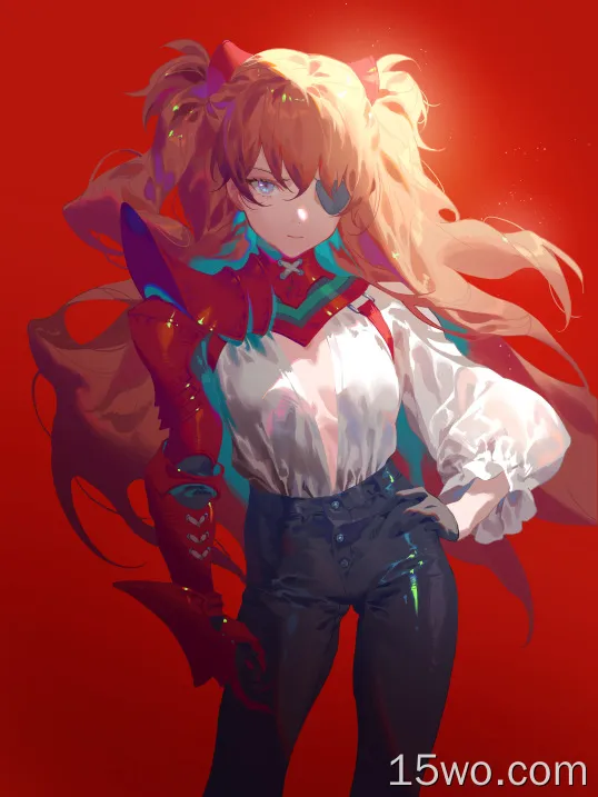 Fajyobore,Neon Genesis Evangelion,Asuka Langley Soryu,anime girls,long hair,portrait display,eyepatches,hands on hips,gloves,red background,simple background,looking at viewer