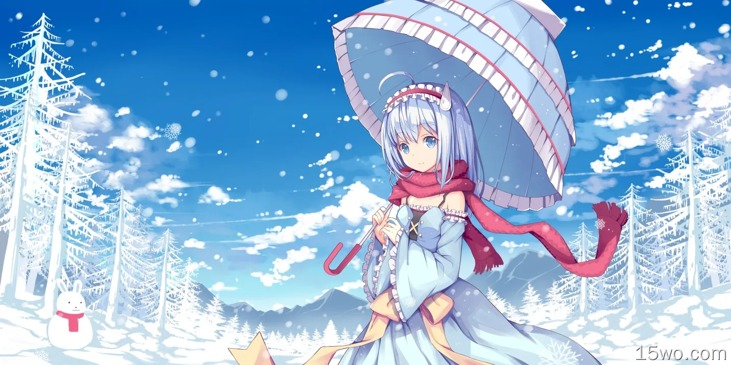 动漫女孩，蓝色头发，雪，伞，围巾，雪人，云