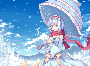 动漫女孩，蓝色头发，雪，伞，围巾，雪人，云 4000x2000