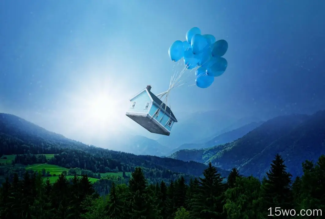 气球、房子、超现实主义、天空